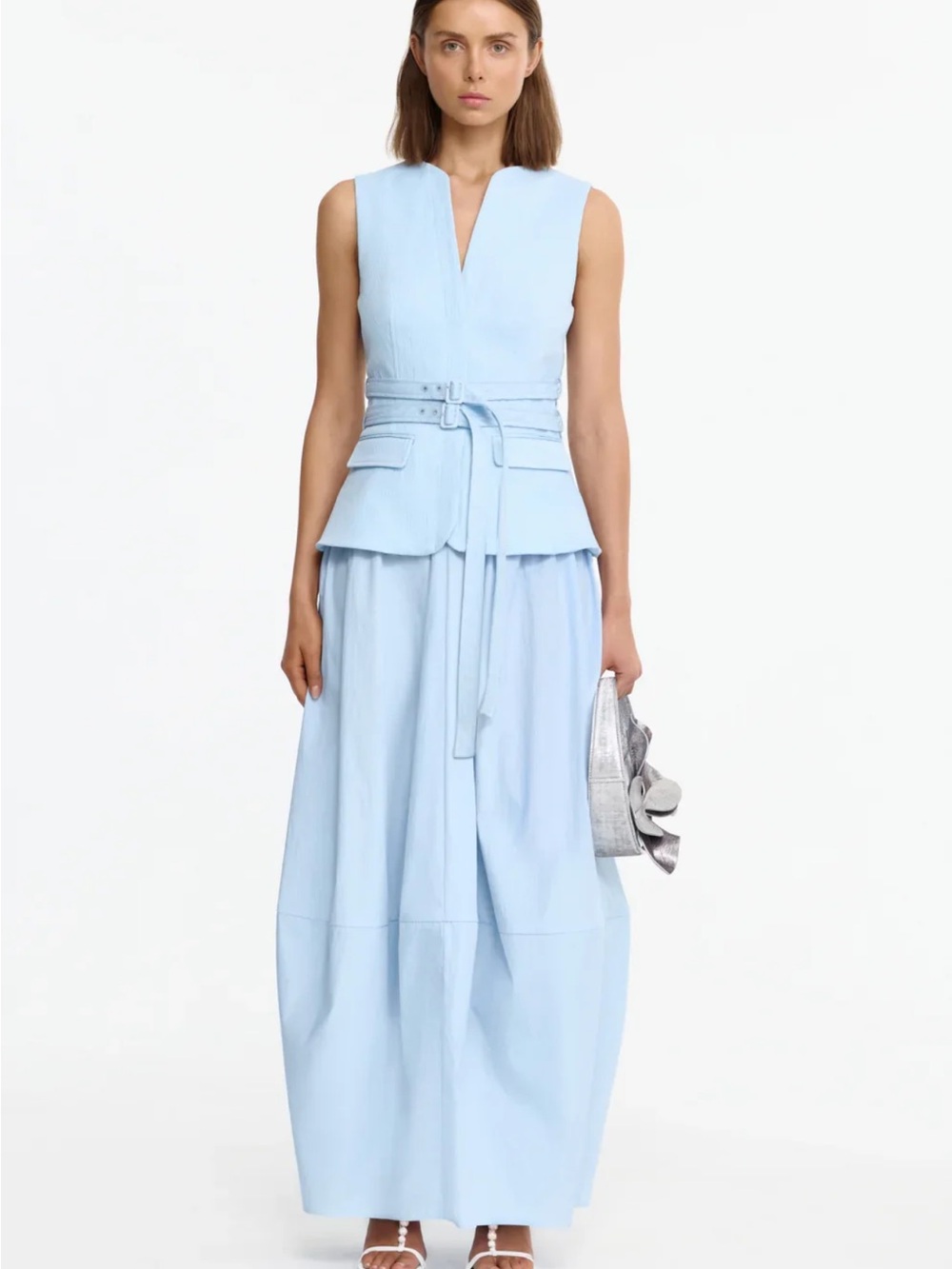 Sleeveless V-Neck Light Blue Belted Maxi Dress